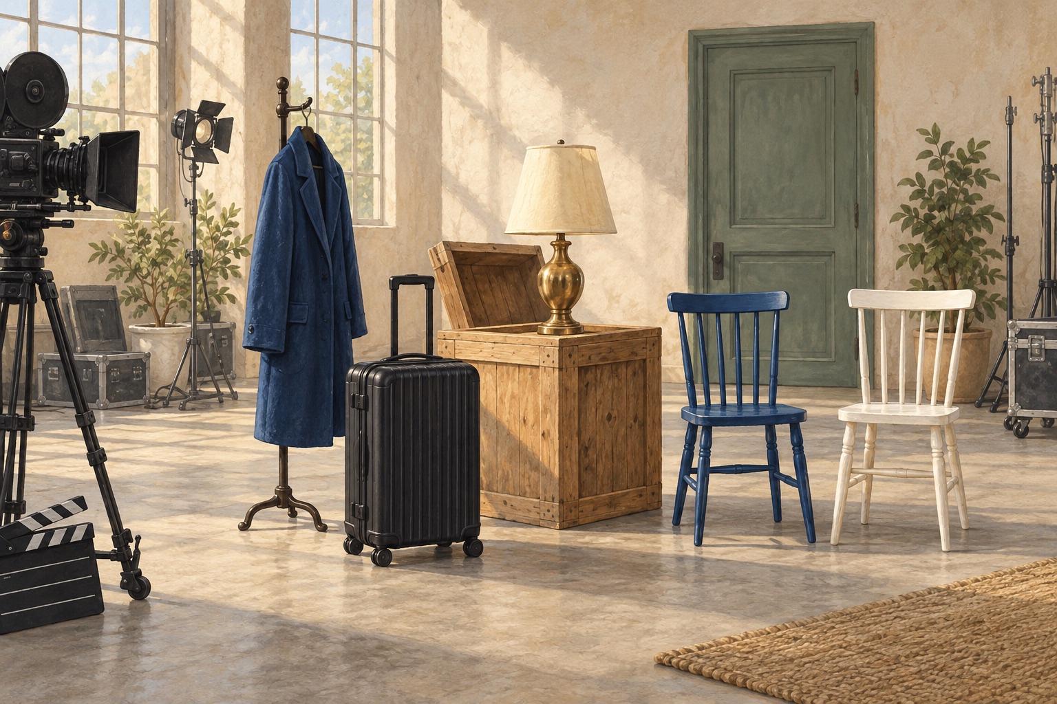 A film studio with a blue coat, a modern black suitcase, a lamp, a blue chair, and a white chair.